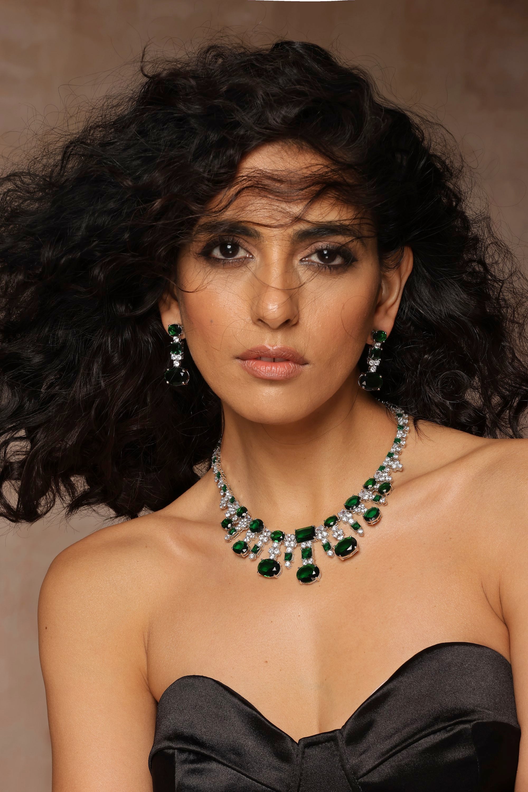 Strapless Dress Black Dress With Green Jewelry Emerald Earrings