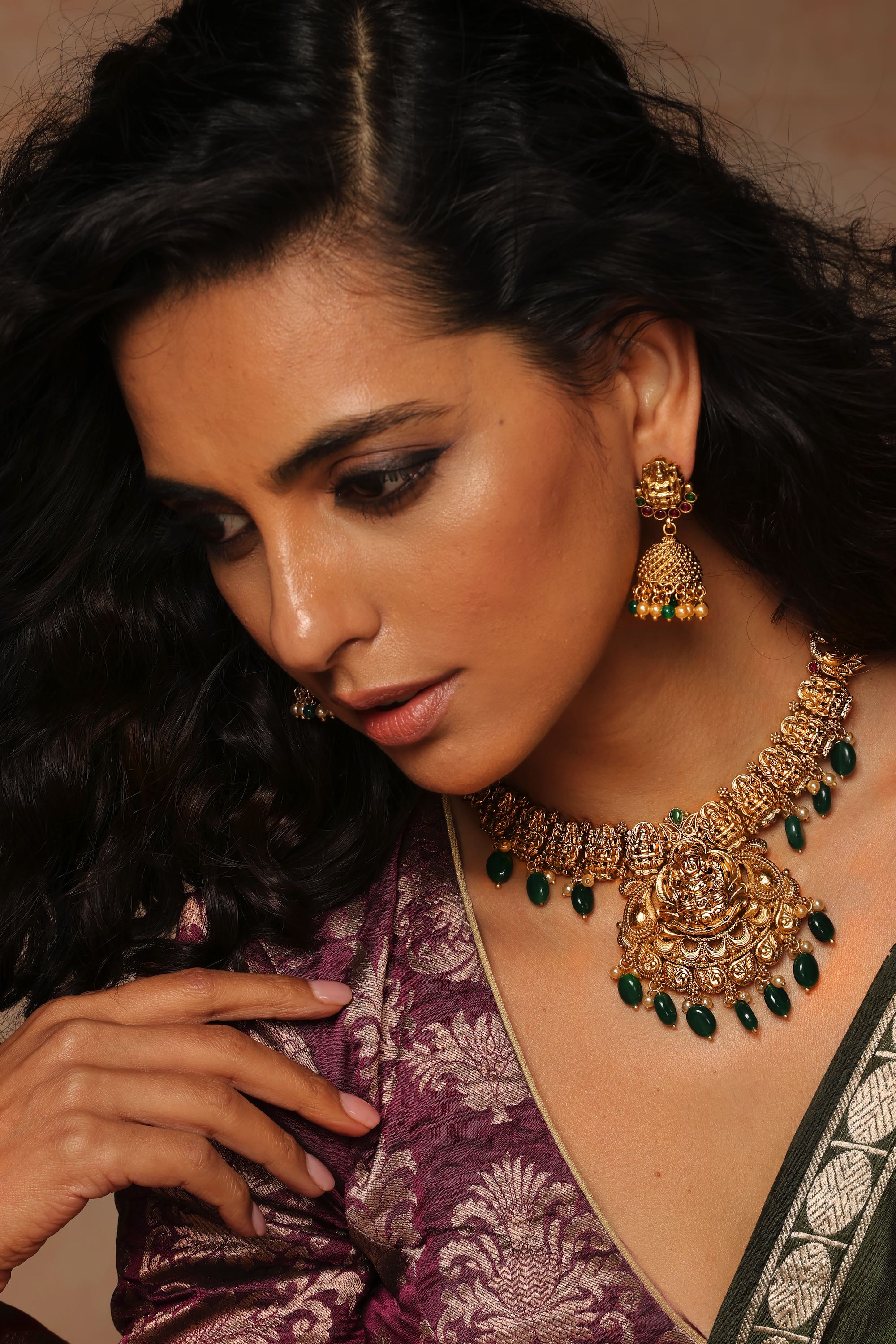 Green - Navratri Special! Fabart Pearl & Stone Work Necklace Set 06