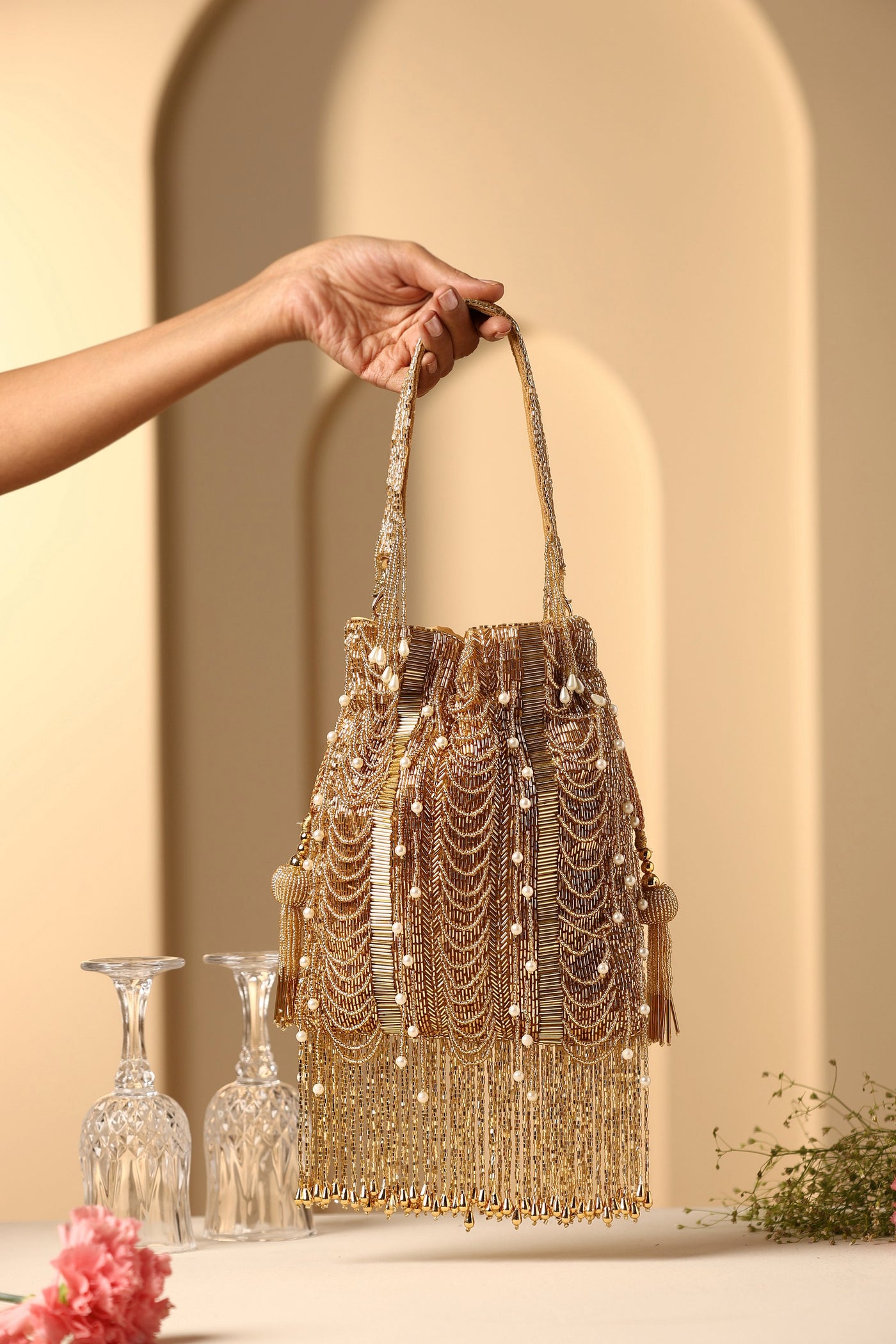 Bushra Gold Sequin and Tassel Potli Bag