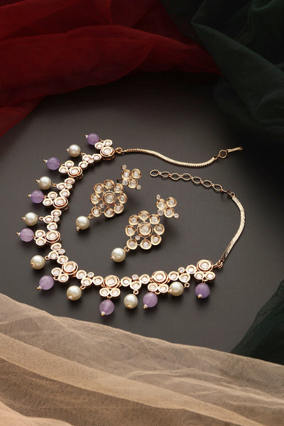 Tanya Purple Polki and Pearl Necklace Set