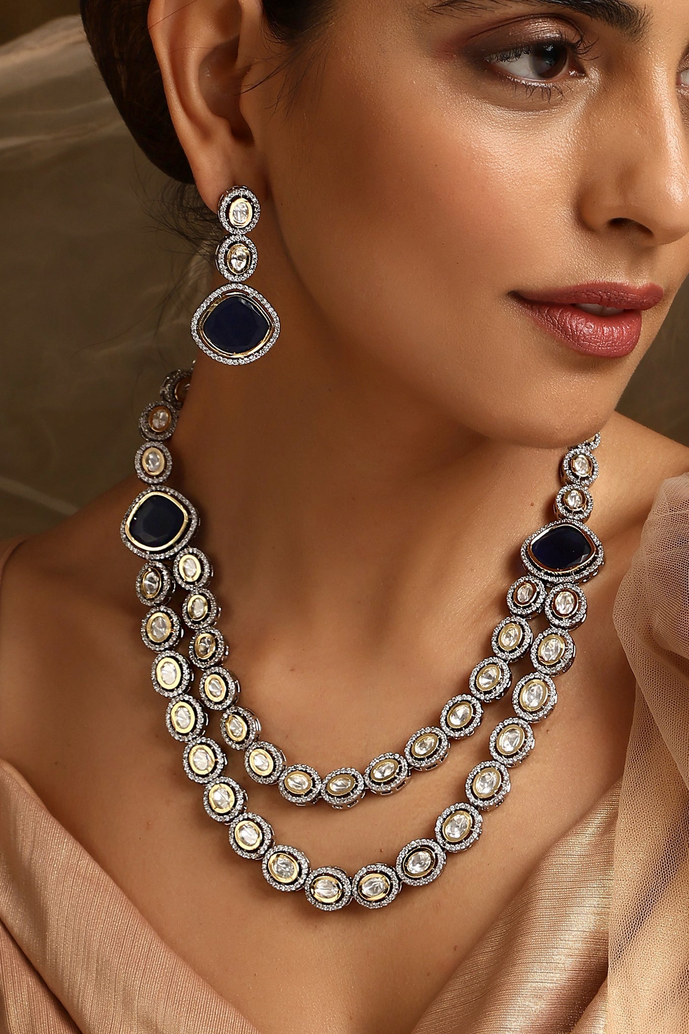 Anshika Sapphire and Polki Layered Necklace Set