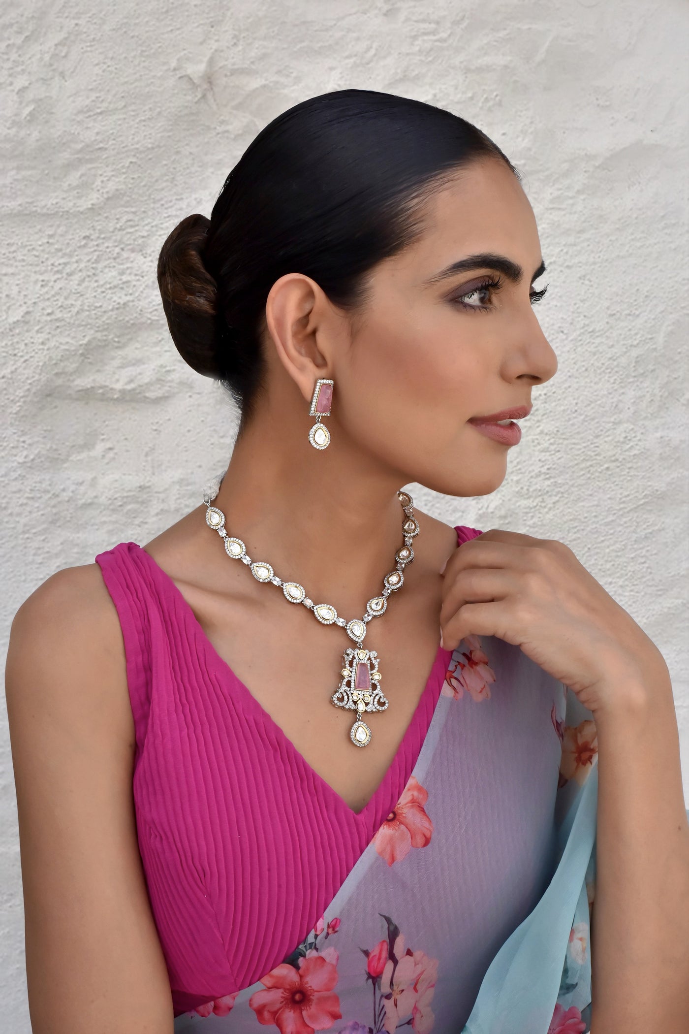 Vaahi Rose Quartz Silver Necklace Set