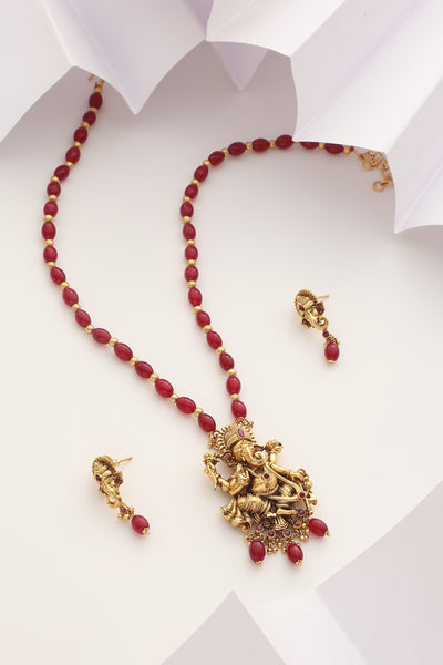 Gajanan Red Temple Pendant Set