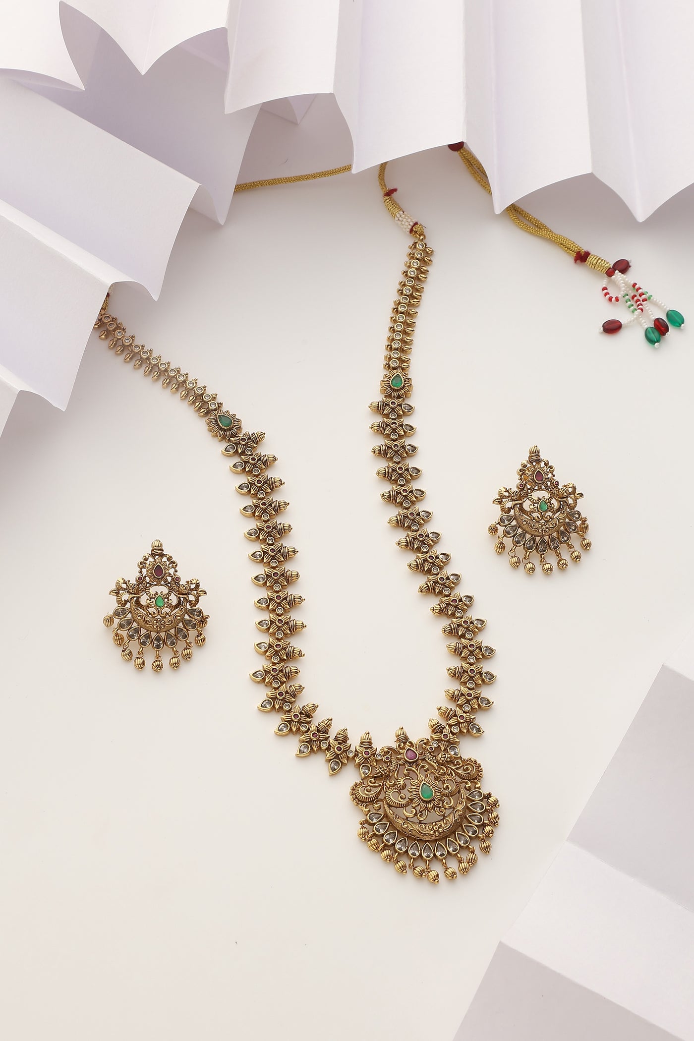 Thanya Green Temple Work Long Necklace Set