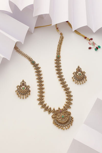 Thanya Green Temple Work Long Necklace Set