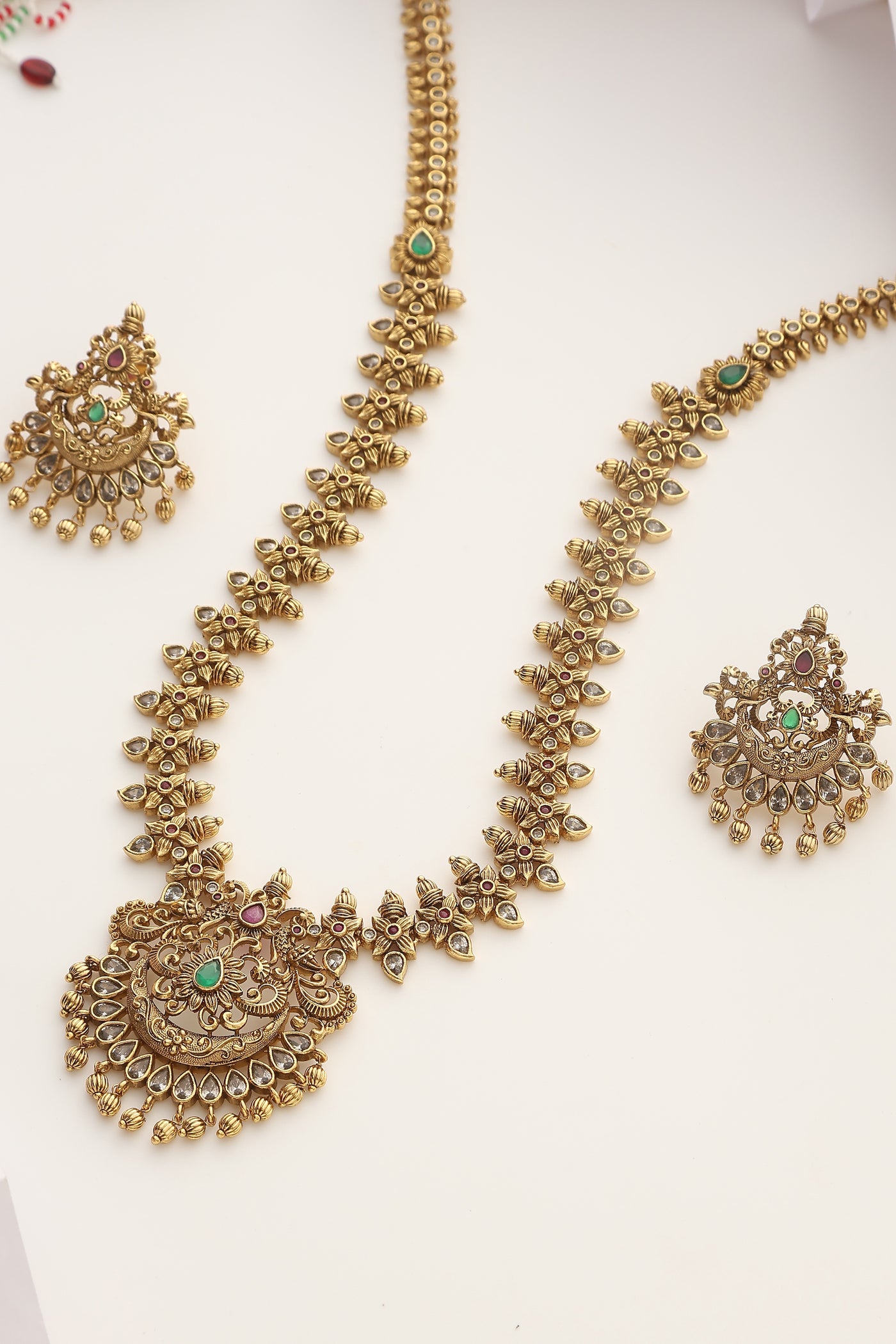 Thanya Green Temple Work Long Necklace Set