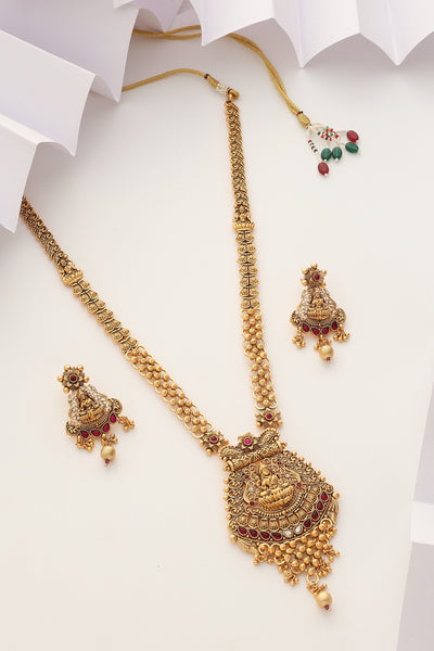 Vakruti Red Temple Work Long Necklace Set