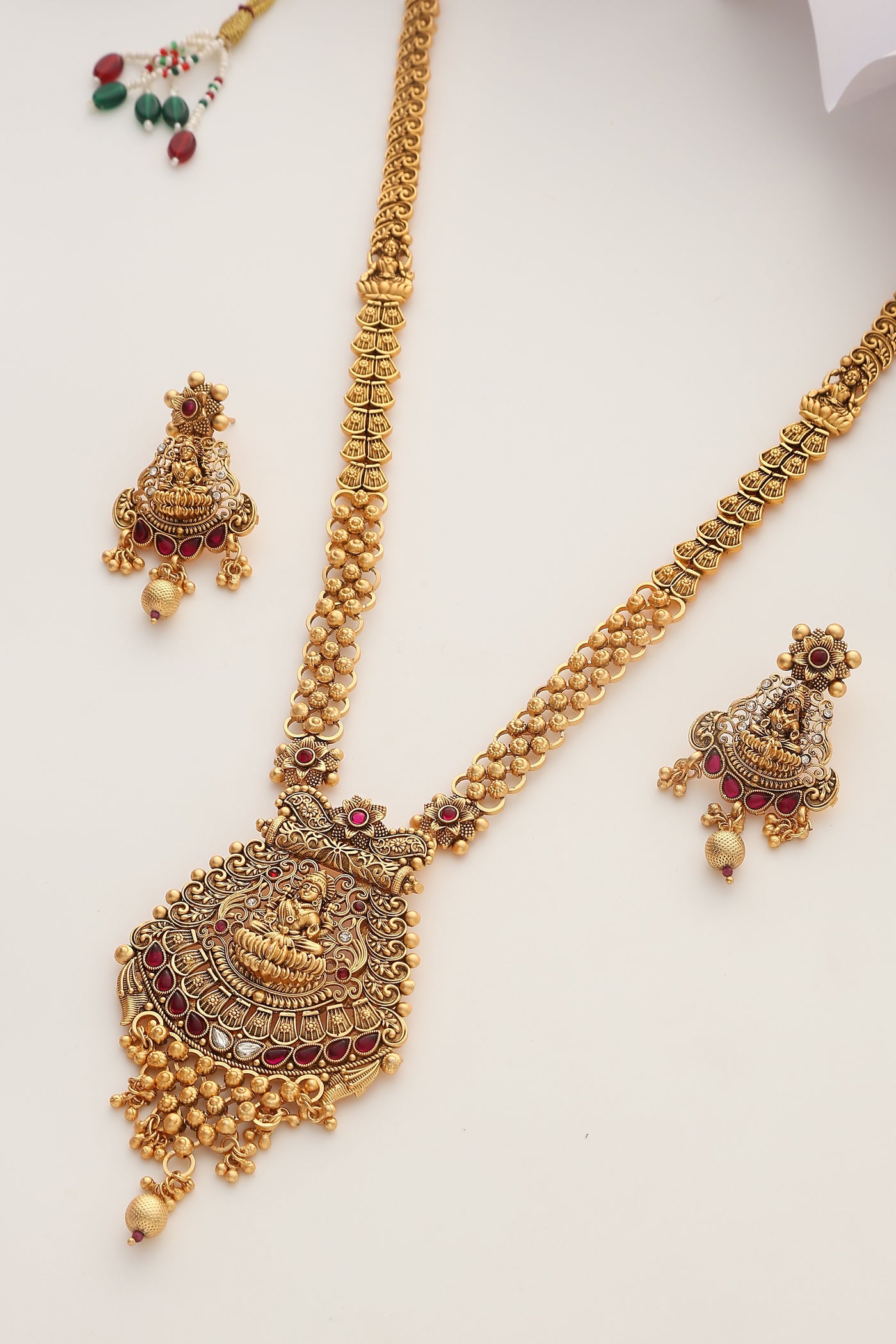 Vakruti Red Temple Work Long Necklace Set
