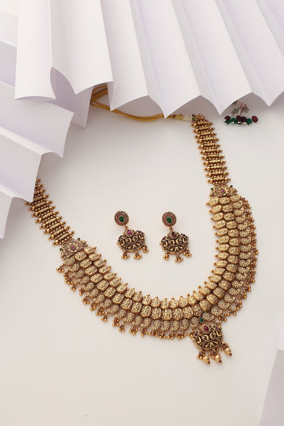 Indari Gold Temple Work Long Necklace Set