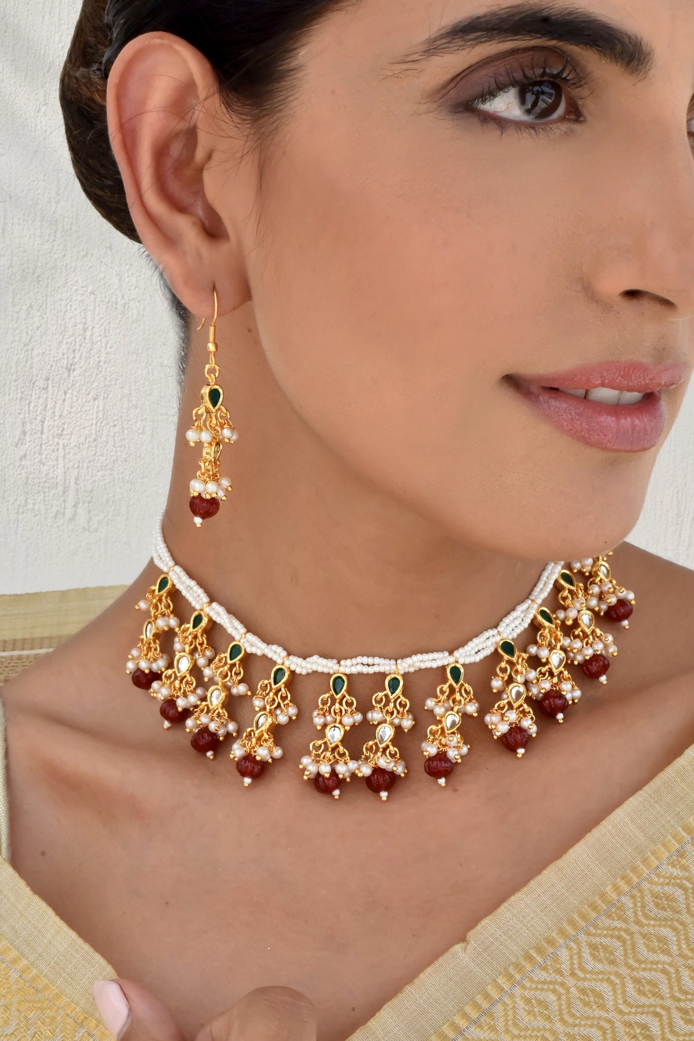 Pavni Red Kundan and Pearl Necklace Set