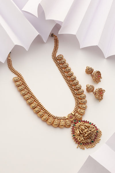 Alekhya Red and Green Temple Work Long Necklace Set
