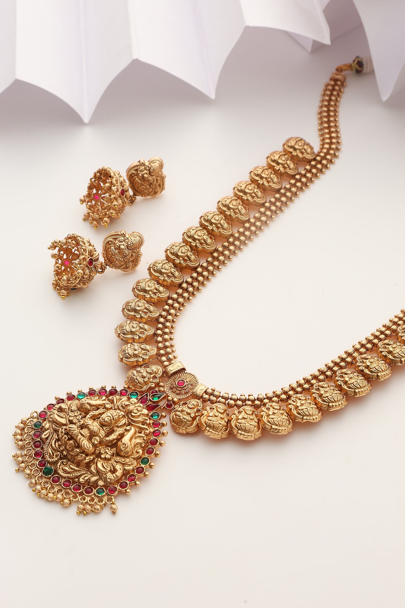 Alekhya Red and Green Temple Work Long Necklace Set