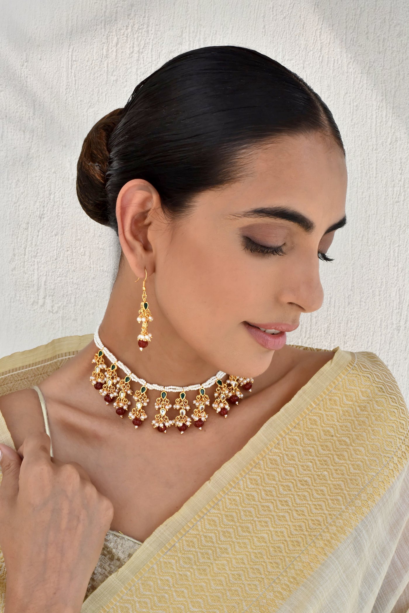 Pavni Red Kundan and Pearl Necklace Set