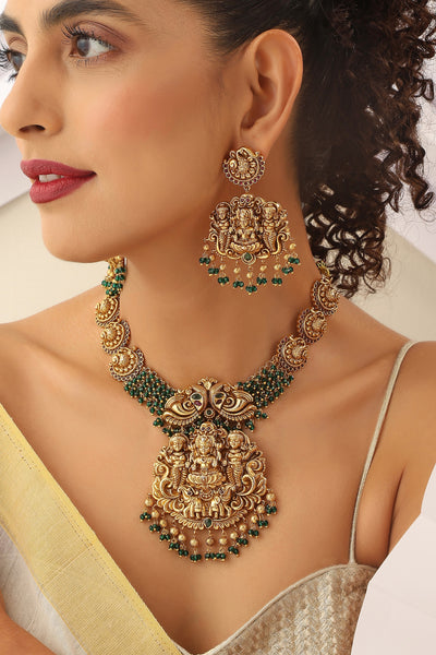 Arasi Green Temple Work Necklace Set