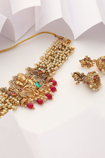 Ishaani Red Temple Work Choker Set