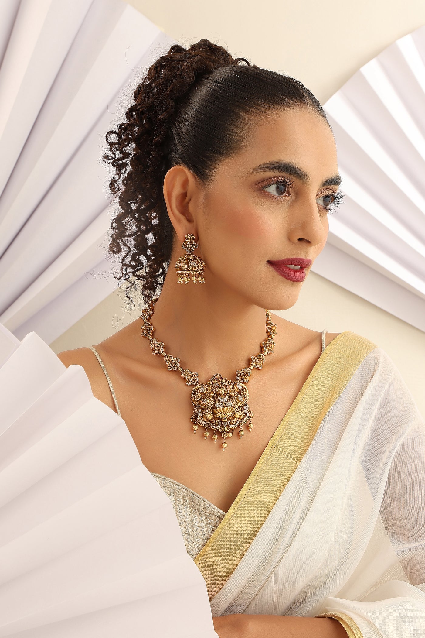 Gathika Gold Temple Work Necklace Set