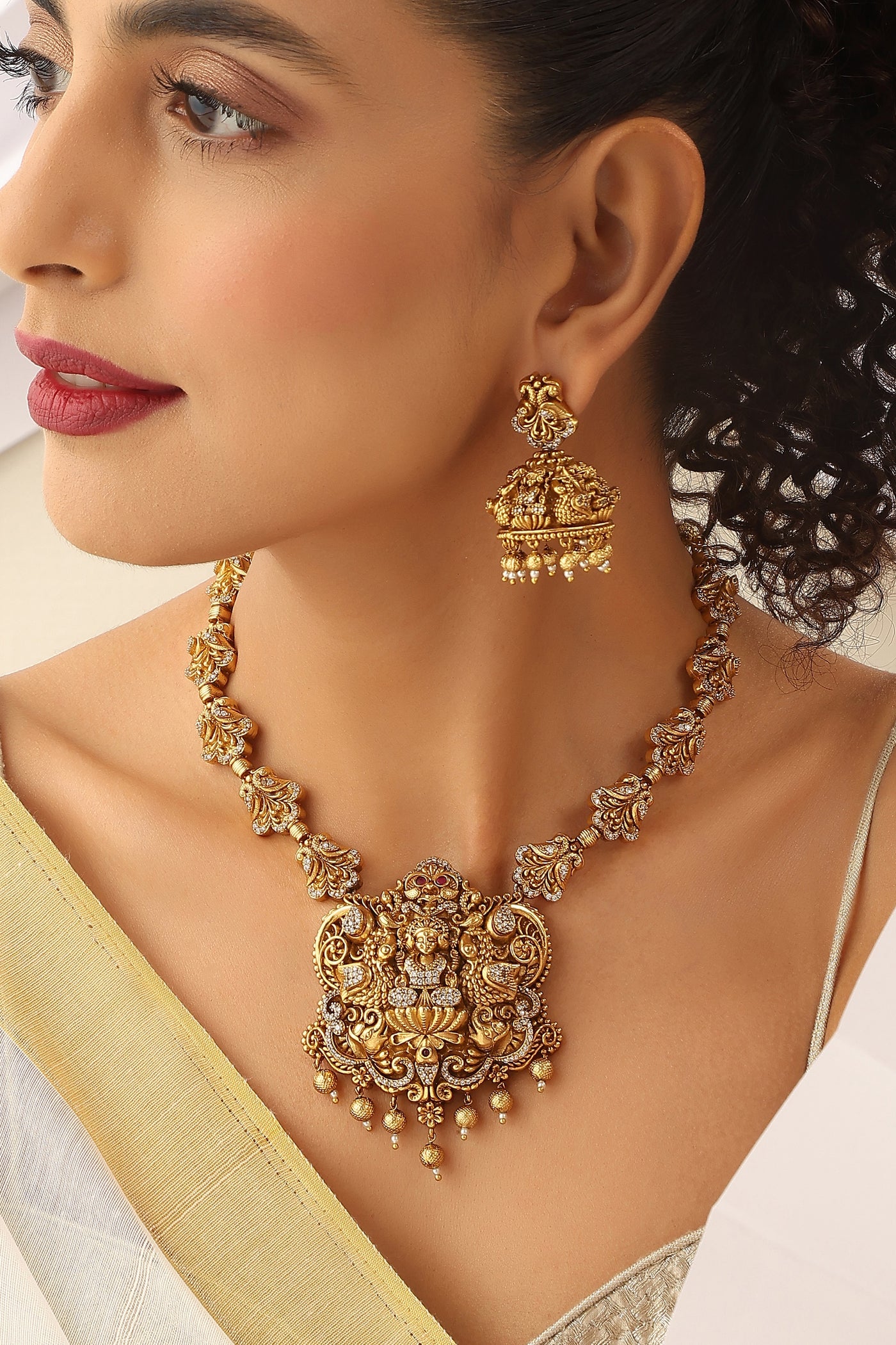 Gathika Gold Temple Work Necklace Set