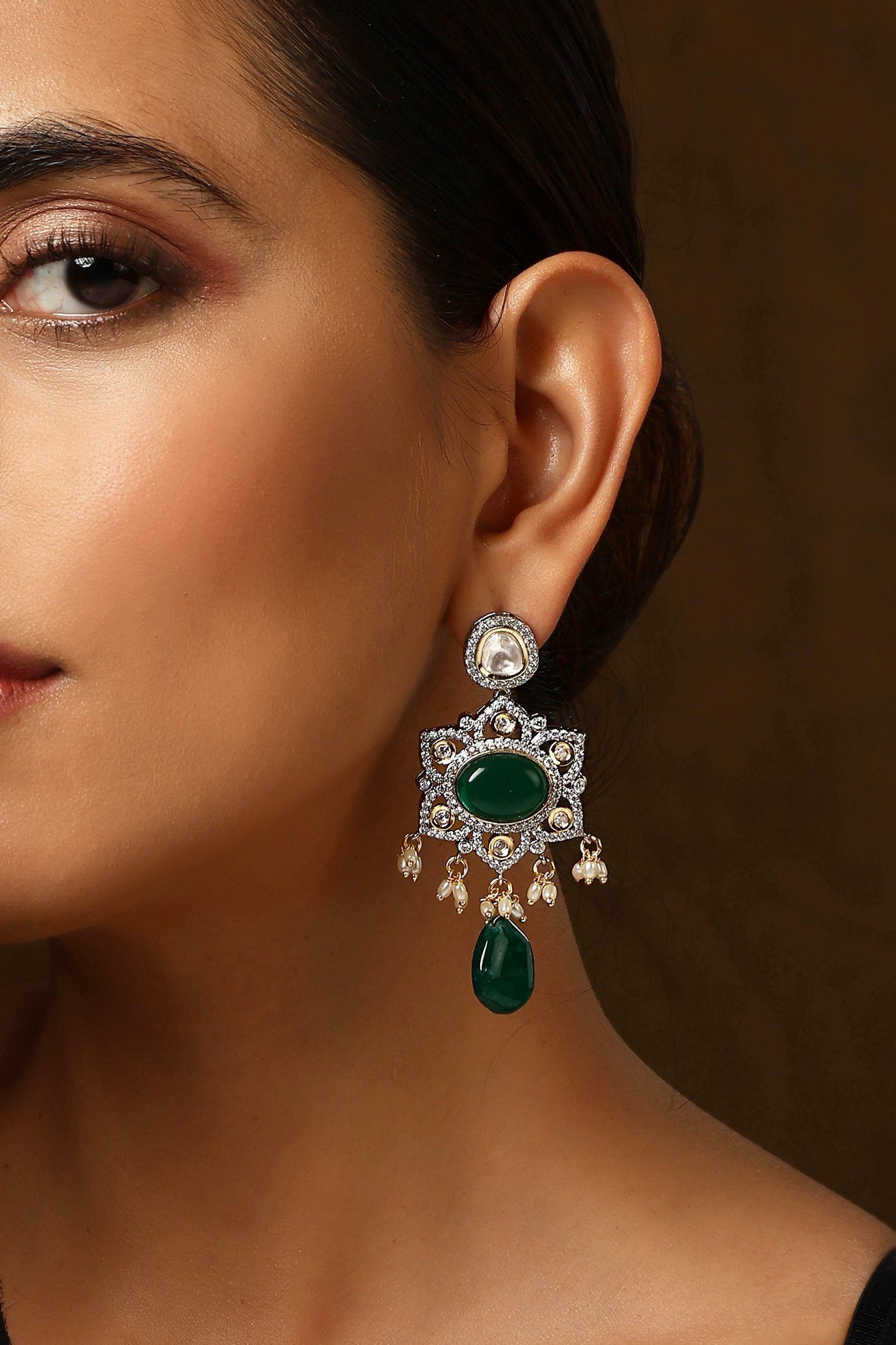 Omajya Emerald Polki Dangler Earrings