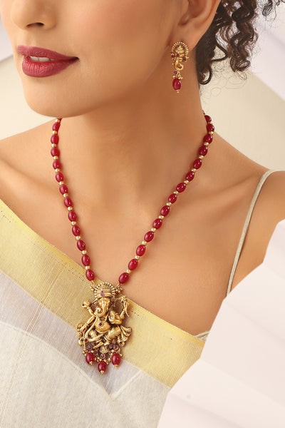 Gajanan Red Temple Pendant Set