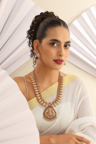 Alekhya Red and Green Temple Work Long Necklace Set