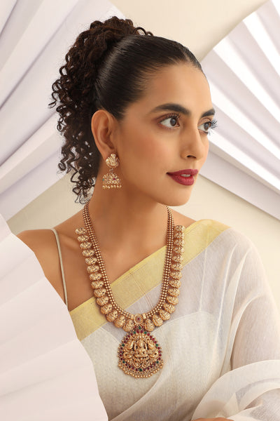 Alekhya Red and Green Temple Work Long Necklace Set