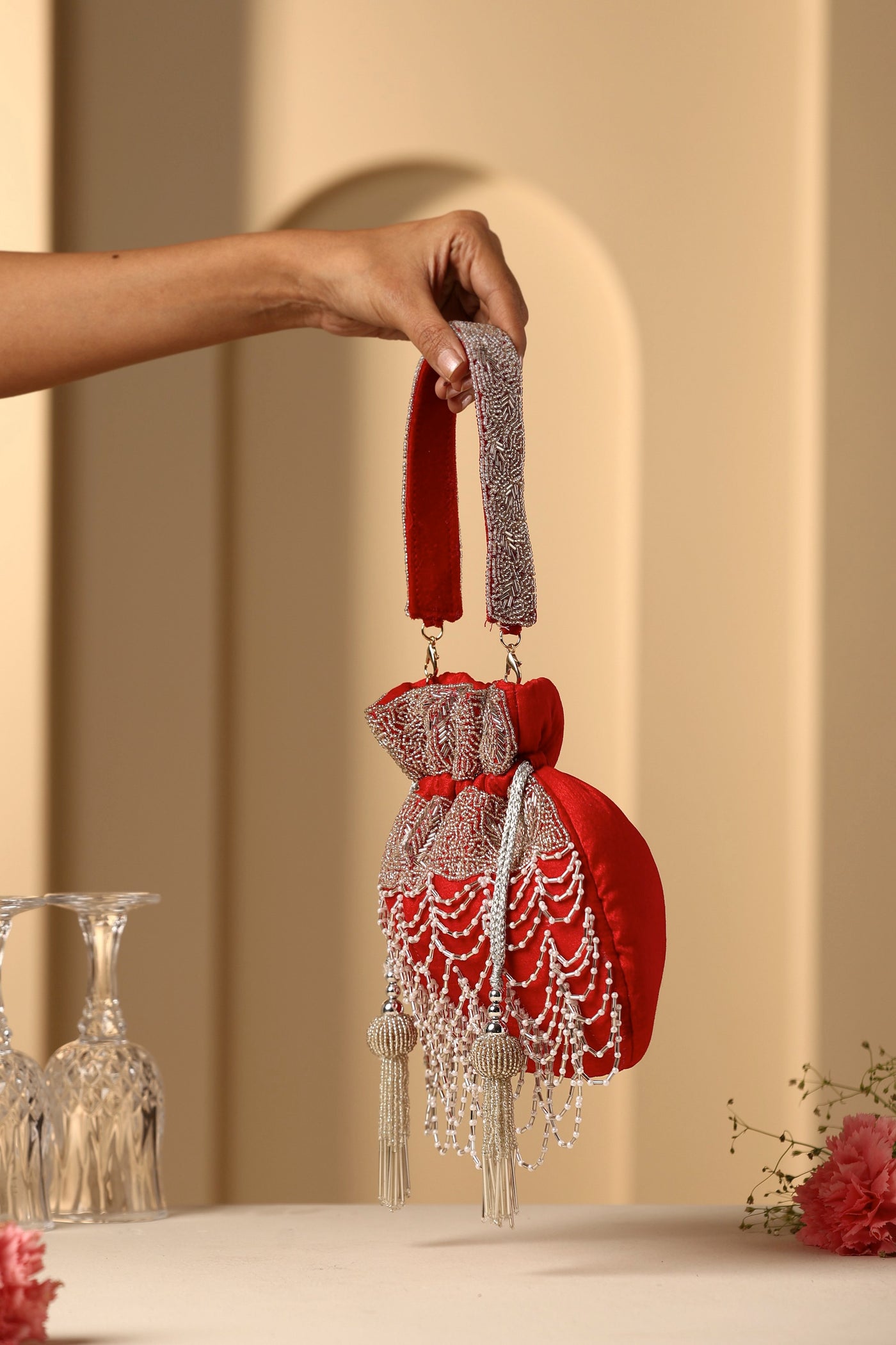 Aarohi Red and Silver Potli Bag
