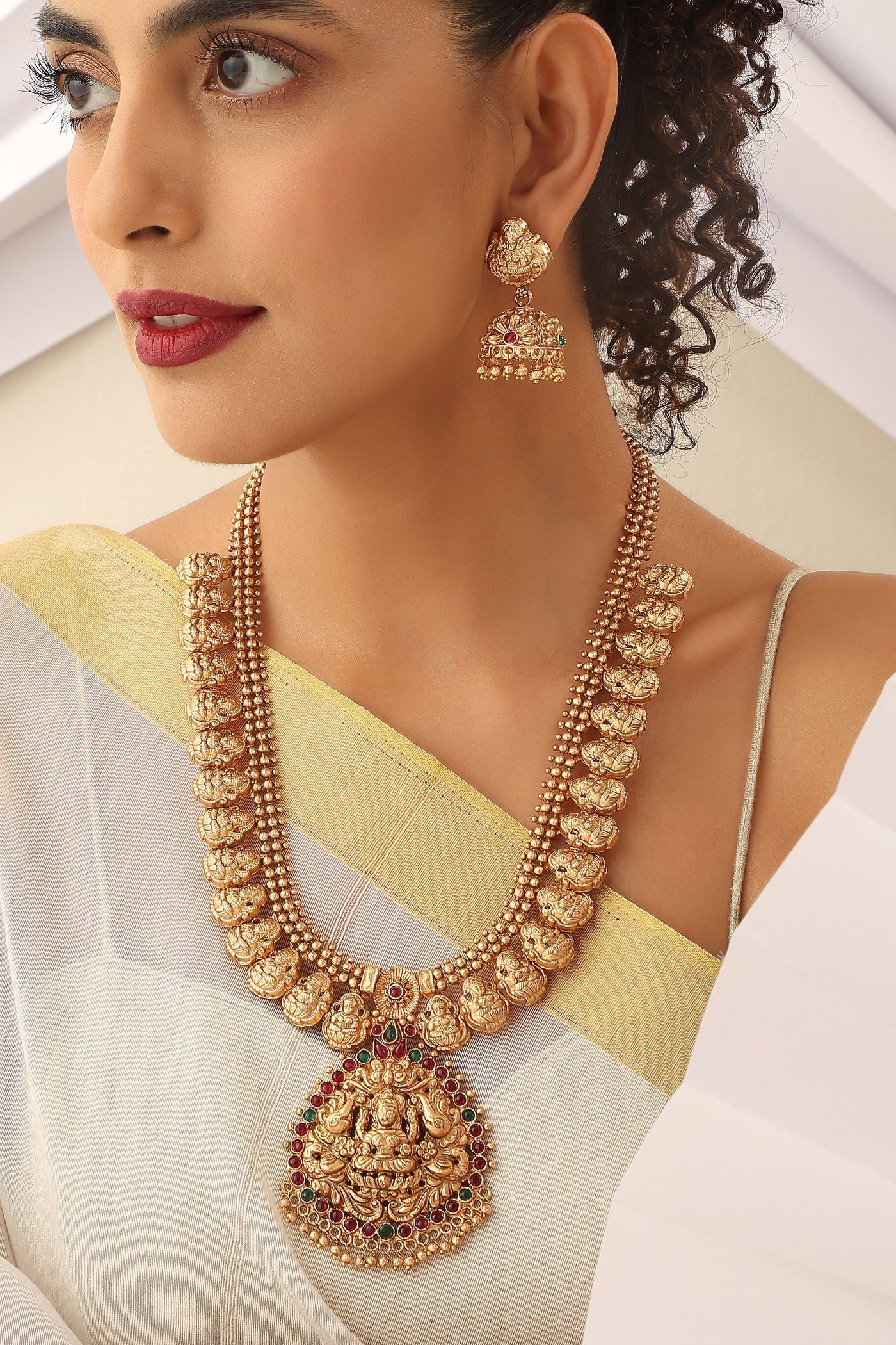 Alekhya Red and Green Temple Work Long Necklace Set