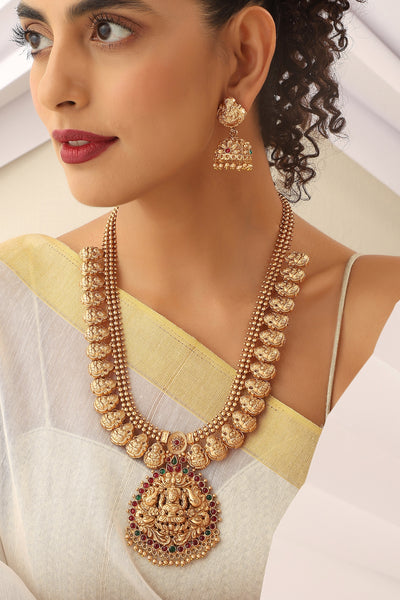 Alekhya Red and Green Temple Work Long Necklace Set