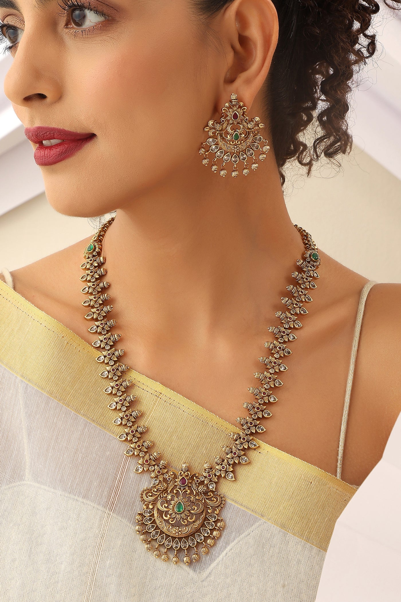 Thanya Green Temple Work Long Necklace Set