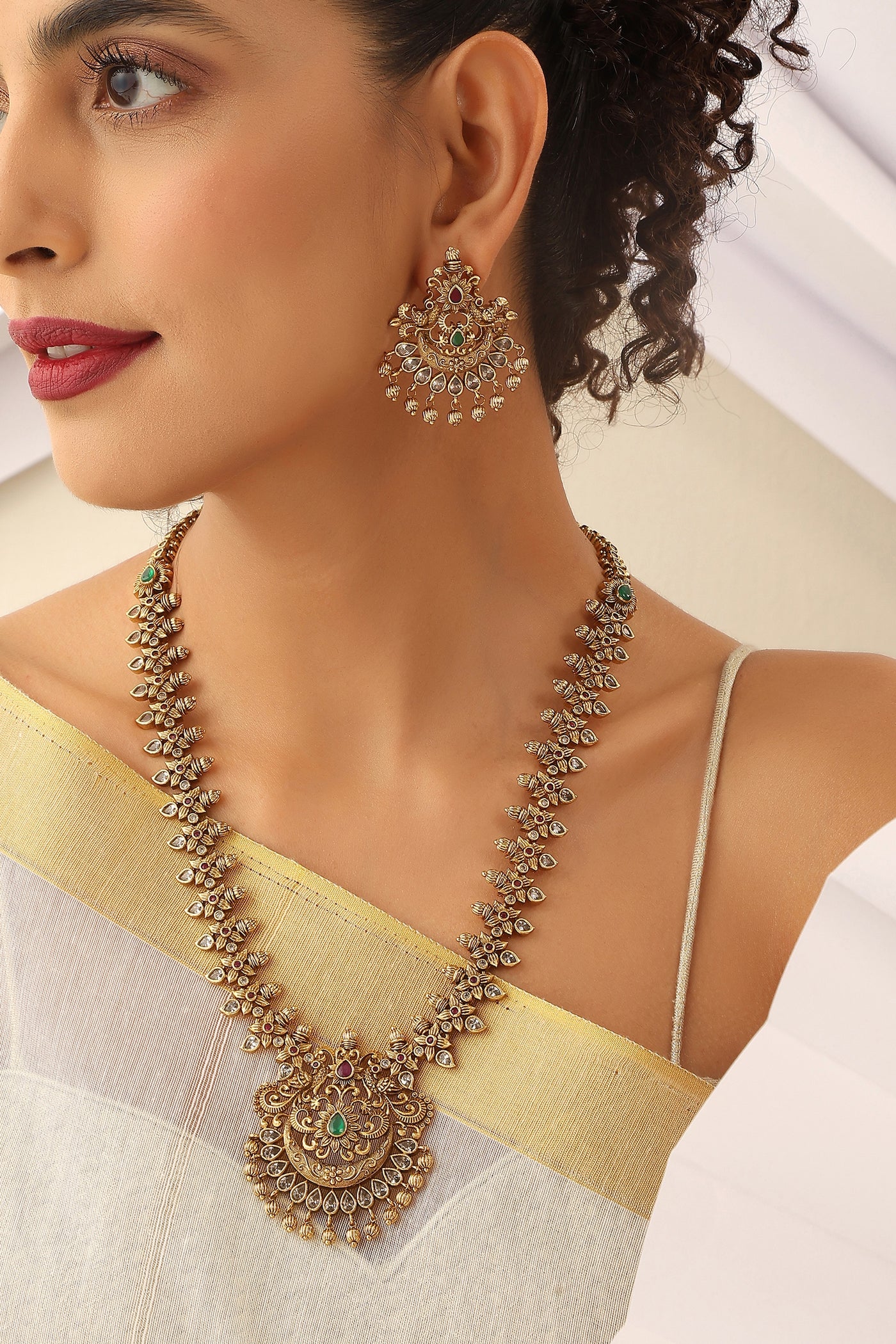 Thanya Green Temple Work Long Necklace Set