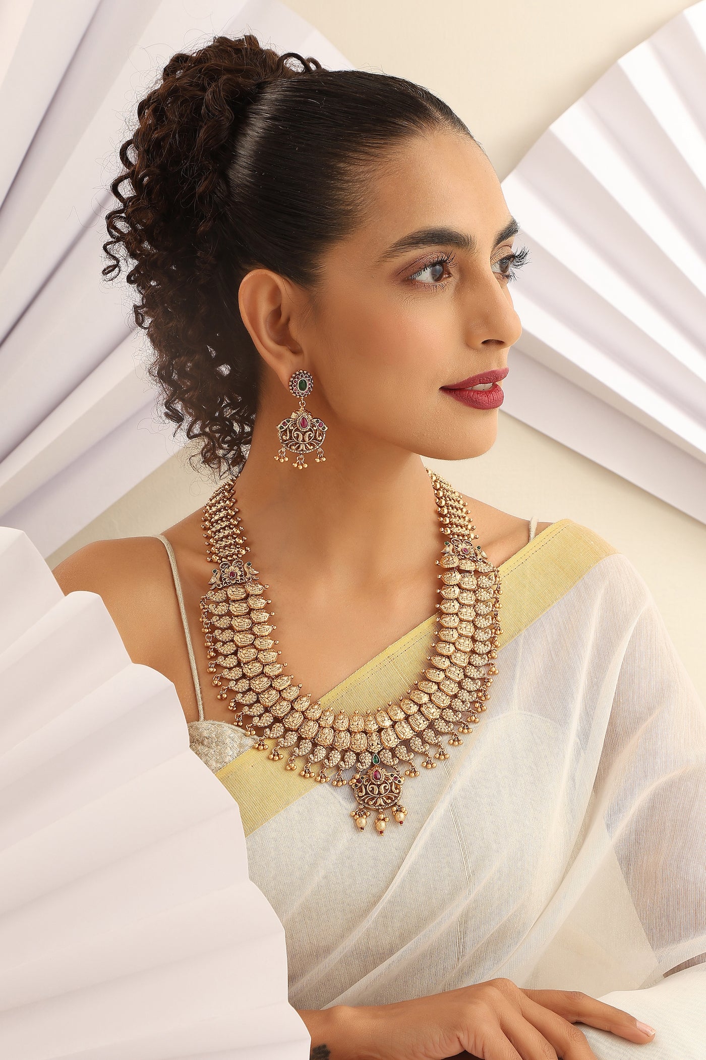 Indari Gold Temple Work Long Necklace Set