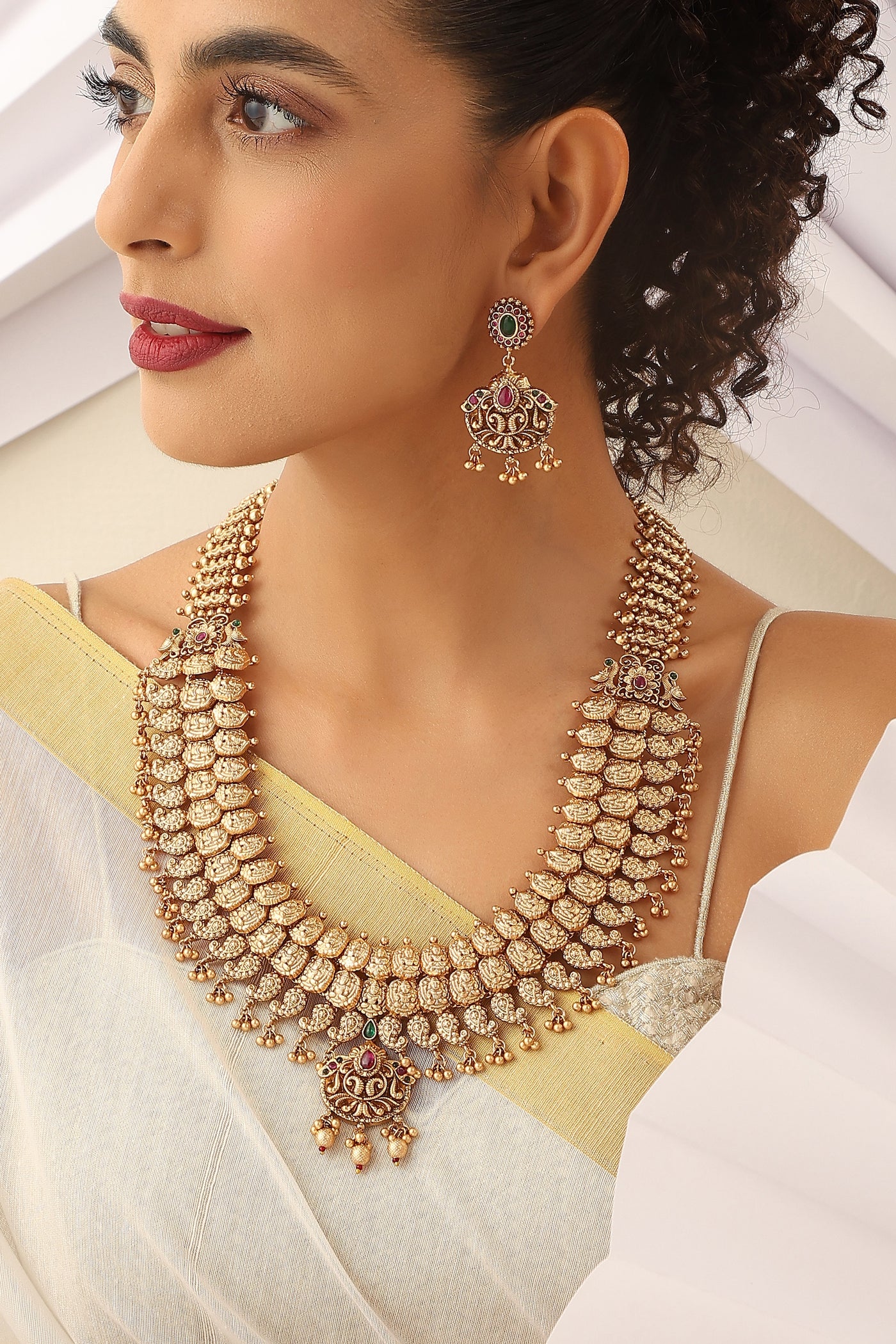 Indari Gold Temple Work Long Necklace Set