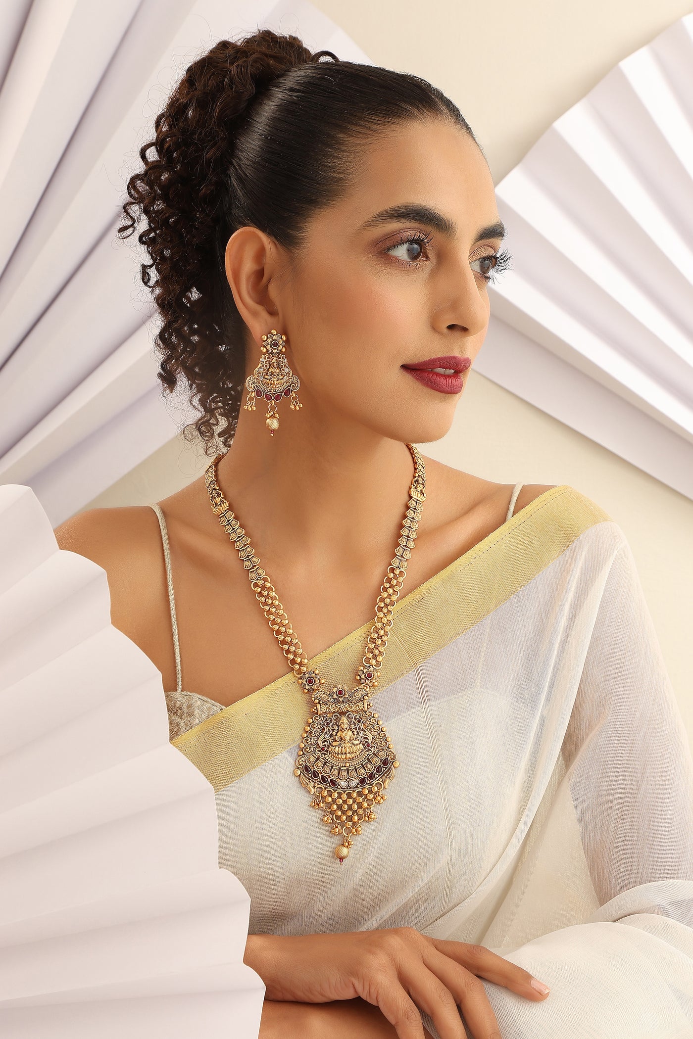Vakruti Red Temple Work Long Necklace Set