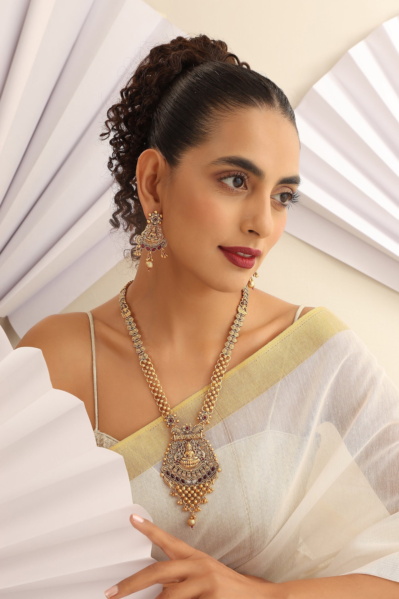 Vakruti Red Temple Work Long Necklace Set