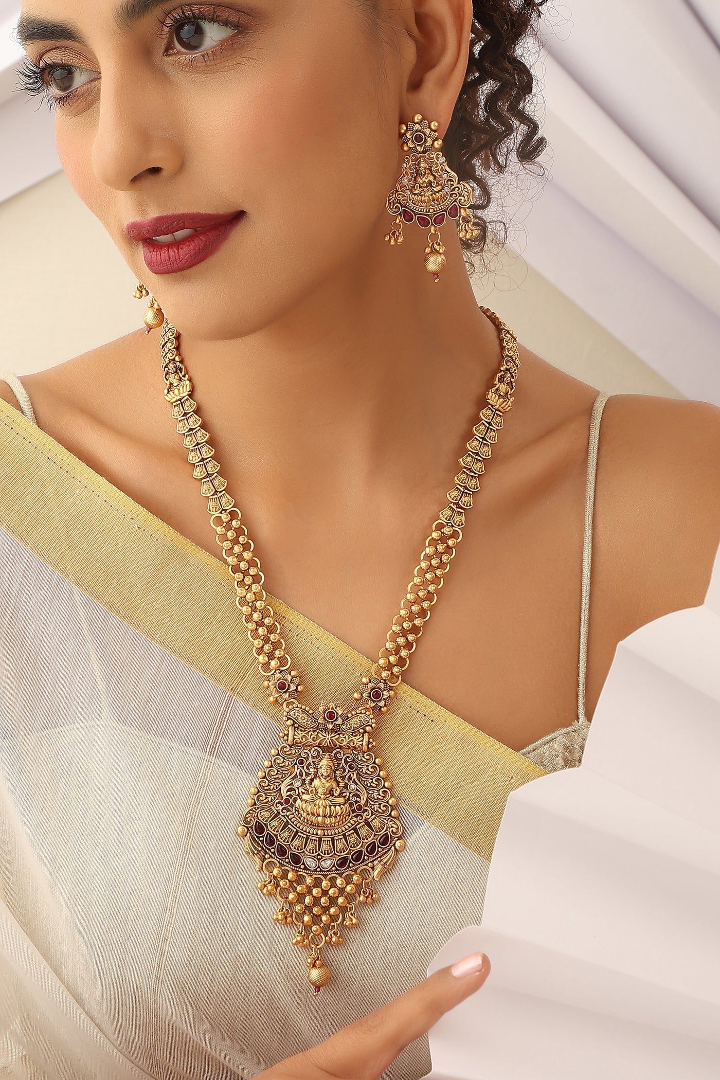 Vakruti Red Temple Work Long Necklace Set
