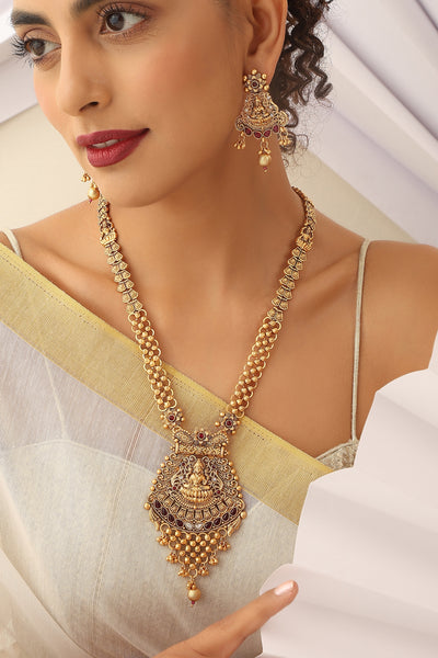 Vakruti Red Temple Work Long Necklace Set