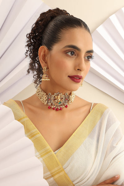 Ishaani Red Temple Work Choker Set
