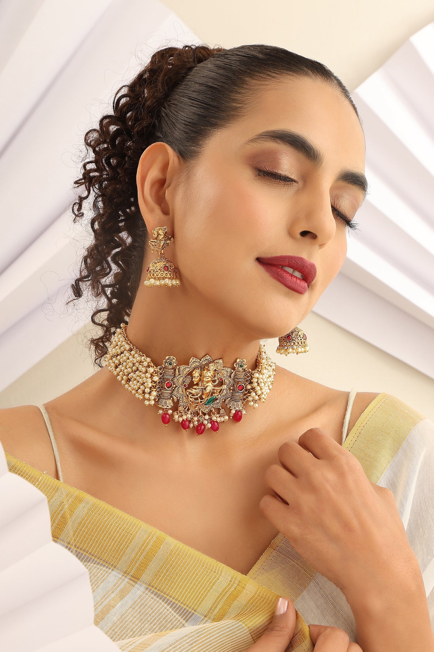 Ishaani Red Temple Work Choker Set