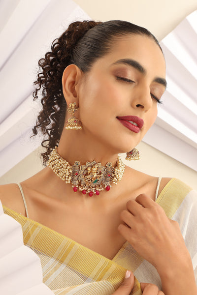 Ishaani Red Temple Work Choker Set