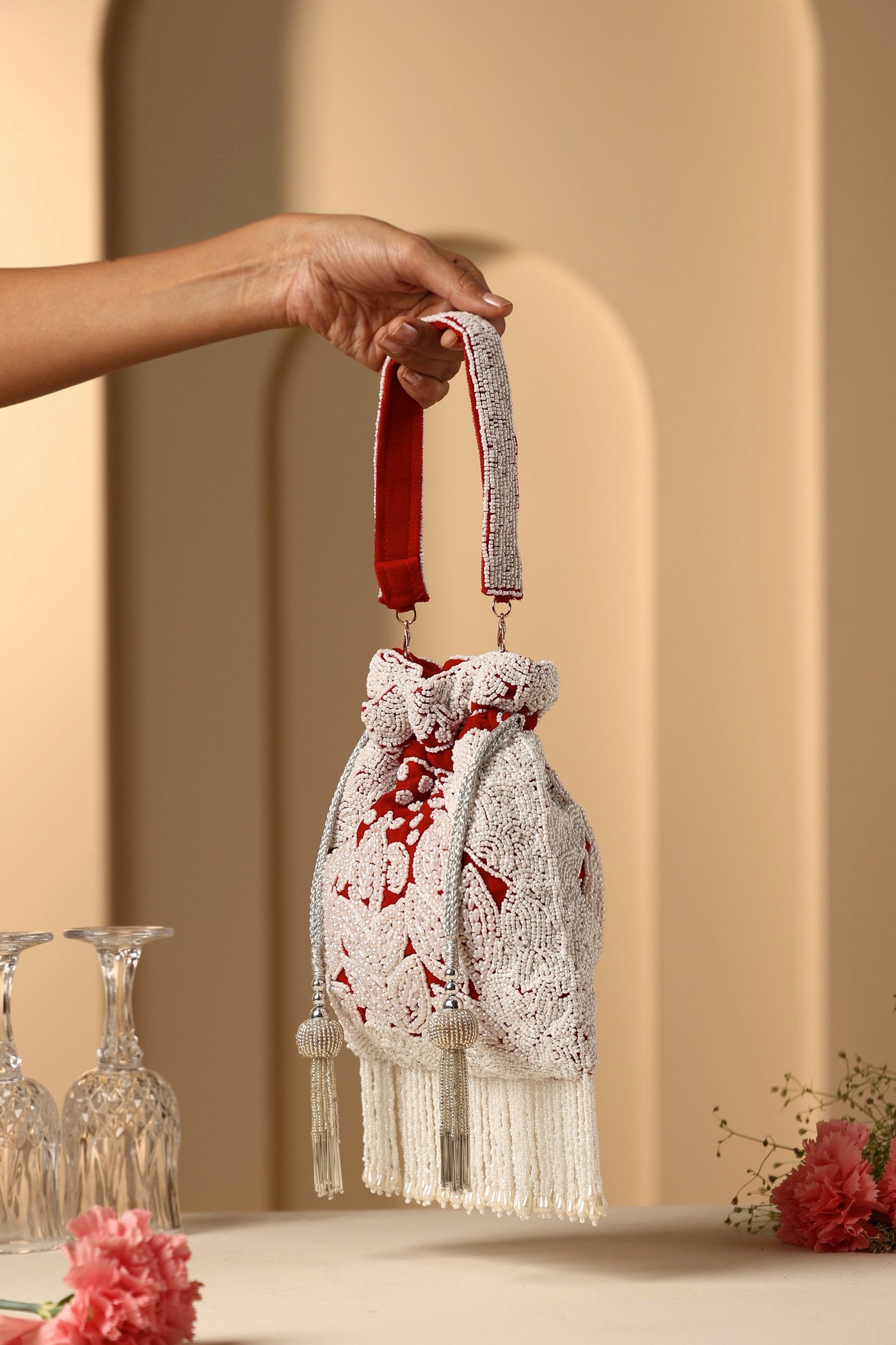 Shagun Red and White Embroidery Potli Bag