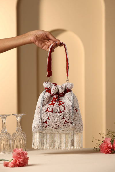 Shagun Red and White Embroidery Potli Bag