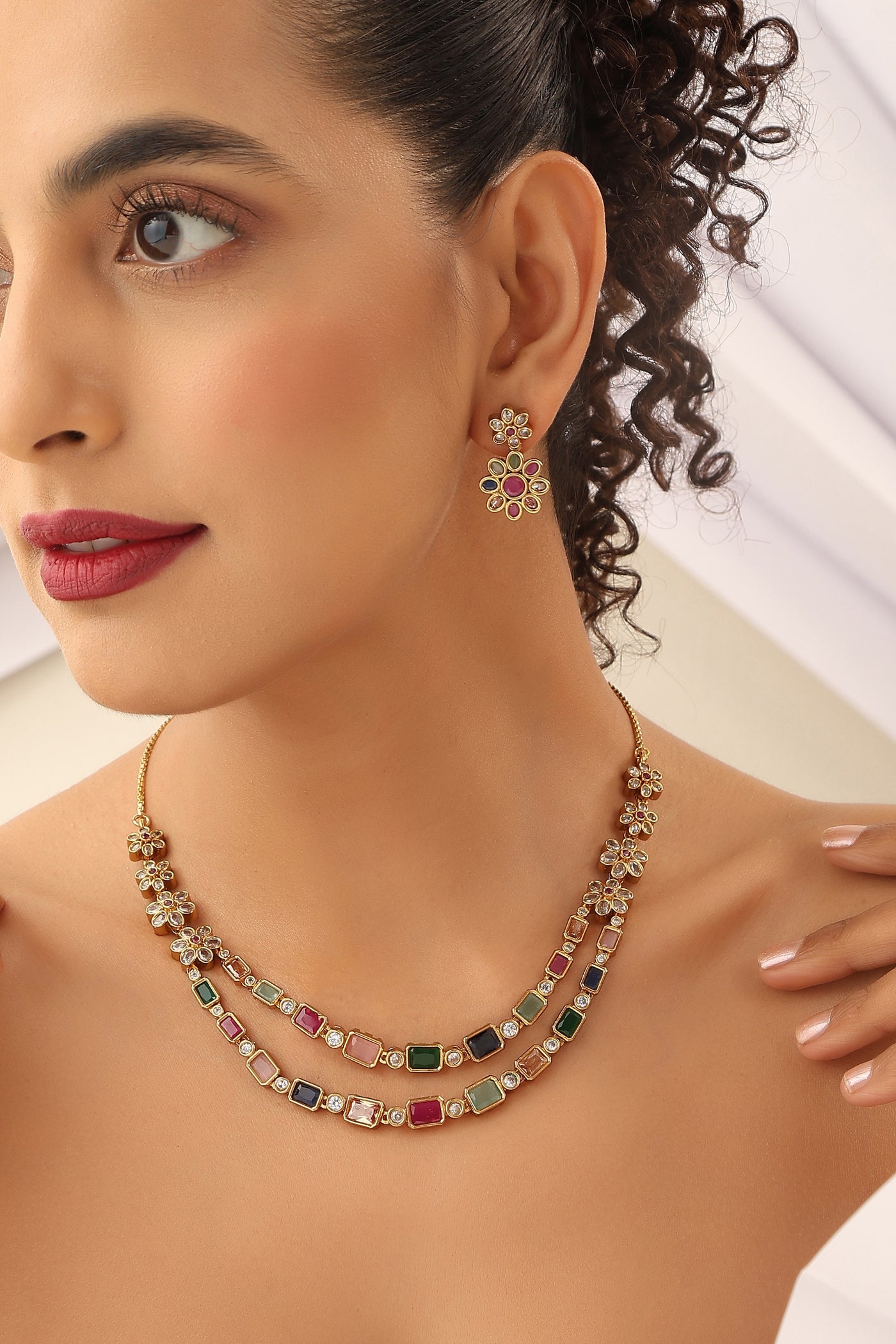 Bhagya Multicolour Jadau Layered Necklace Set