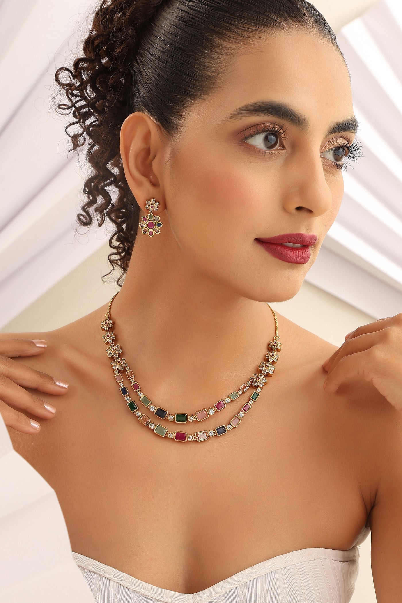 Bhagya Multicolour Jadau Layered Necklace Set