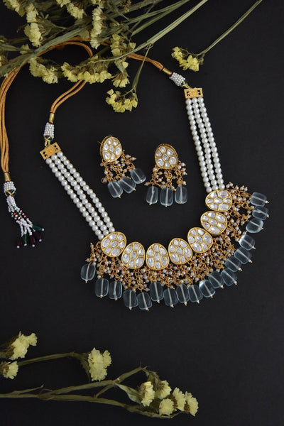 Ajiva Mint Polki and Pearl Necklace Set
