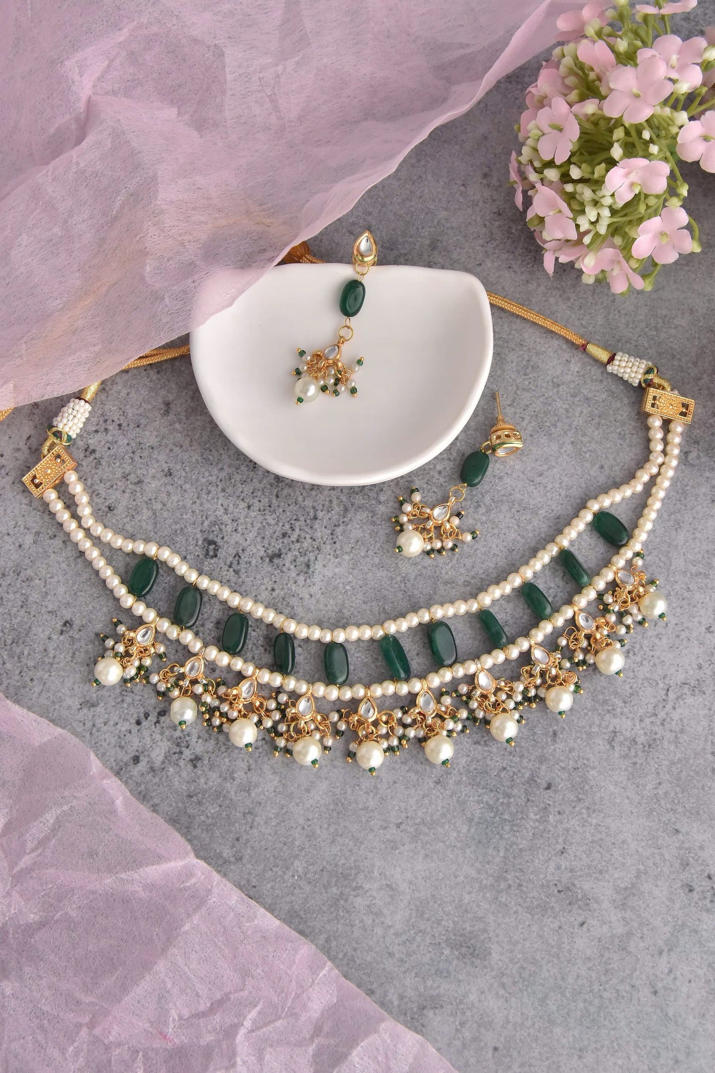 Himaya Green Kundan and Pearl Choker Necklace Set