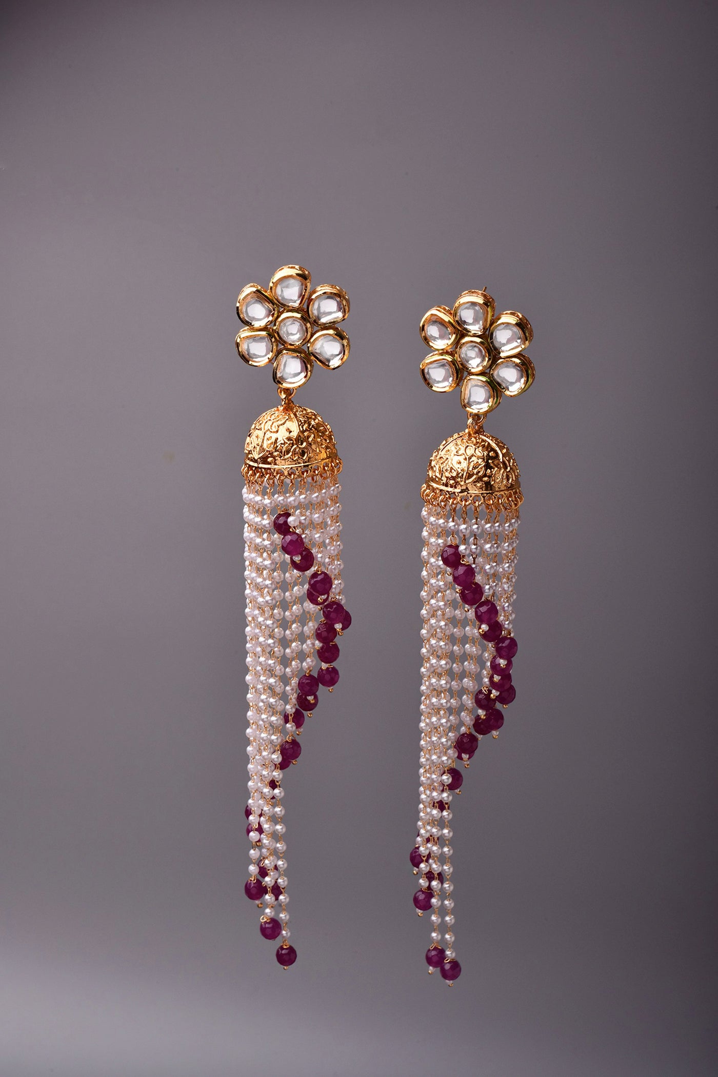 Gaurvi Red Kundan and Pearl Long Jhumka Earrings