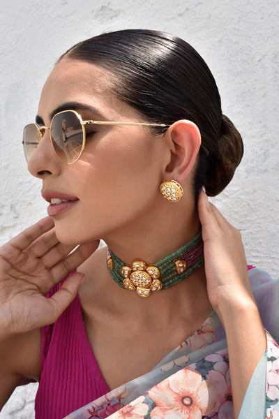 Alankrita Mint and Pink Kundan Choker Necklace Set