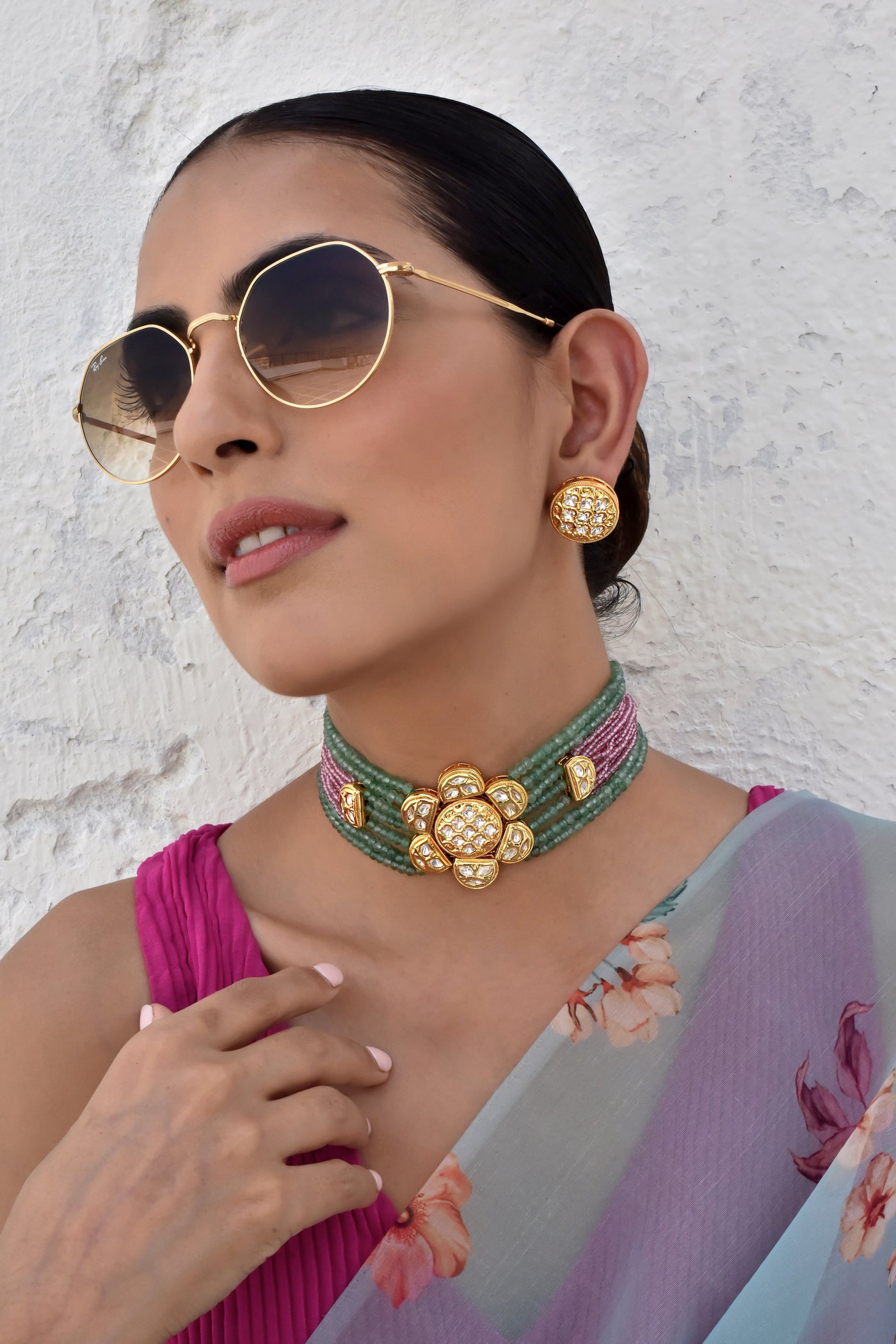 Alankrita Mint and Pink Kundan Choker Necklace Set