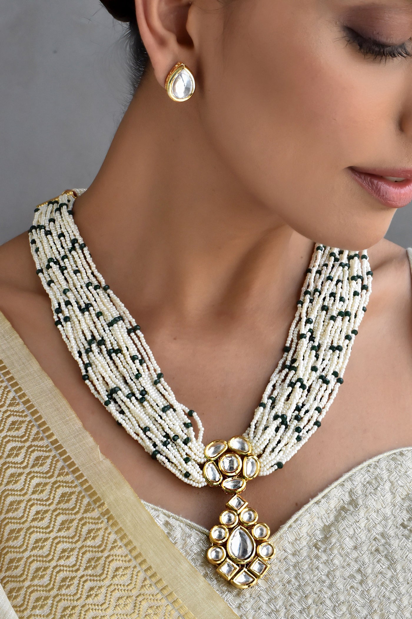 Vanya Green Long Kundan and Pearl Necklace Set