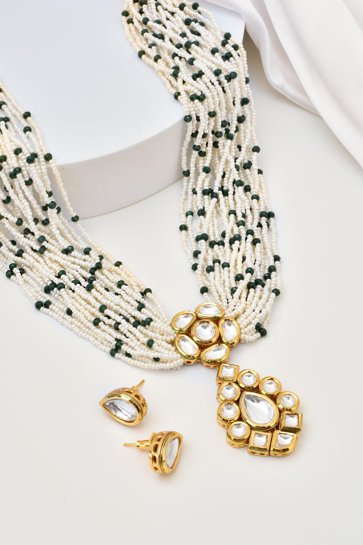 Vanya Green Long Kundan and Pearl Necklace Set